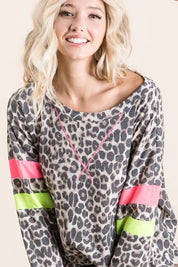 BiBi Leopard Thermal Top with Contrast Color Block | Tops Daverri Fashions