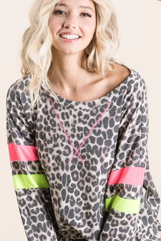 BiBi Leopard Thermal Top with Contrast Color Block | Tops Daverri Fashions
