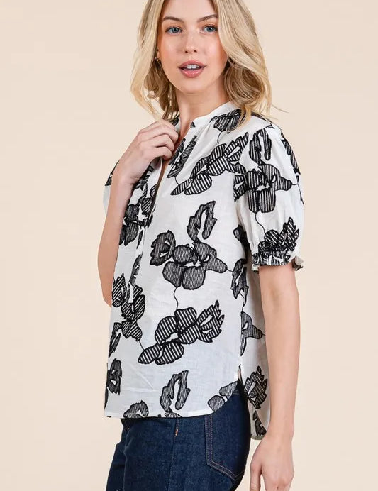Lime 'N' Chili Embroidered Split Neck Puff Sleeve Blouse | Daverri Fashions