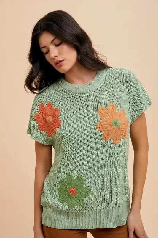 Annie Wear Large Flower Embo Dolman Sleeve Summer Sweater Top - DAVERRI FASHIONS