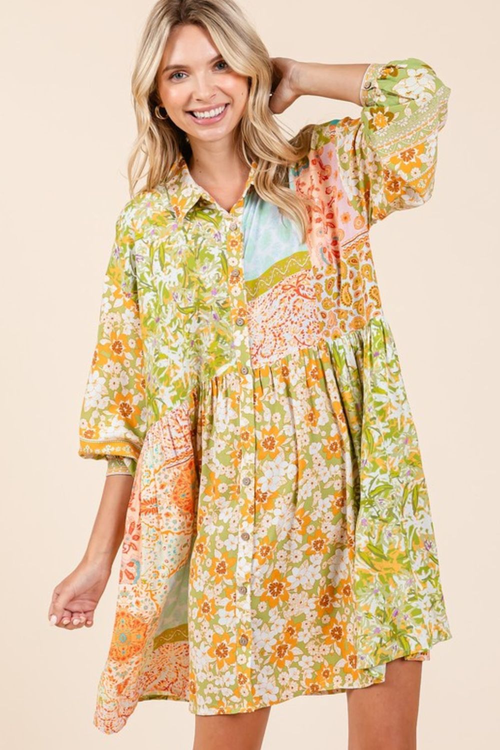 Mittoshop Floral Button Detail Long Sleeve Shirt Dress GREEN TEA Mini Dresses