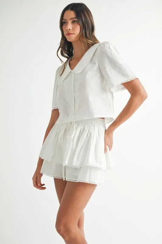 MABLE Collared Button Down Crop Top and Skort Set Outfit Sets
