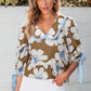 Brown floral print blouse with striped tie ruffle sleeves
