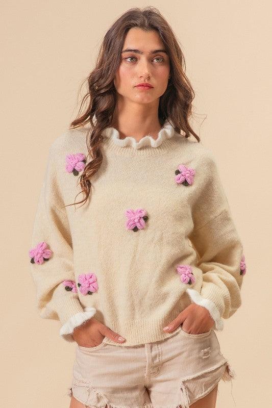 BiBi Ruffled Crochet Flower Dropped Shoulder Sweater Cream XL Sweaters