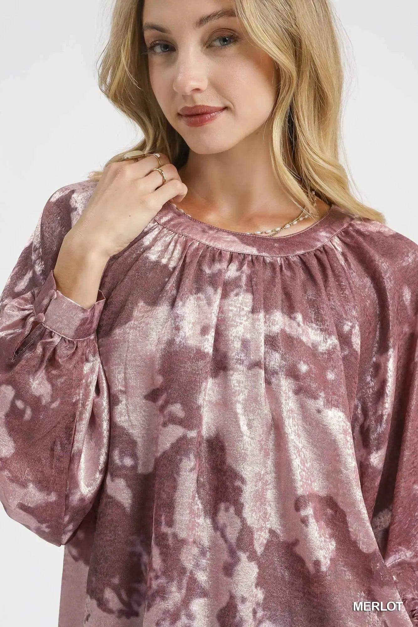 Umgee Metallic Fabric Blouse with Balloon Sleeves - DAVERRI FASHIONS