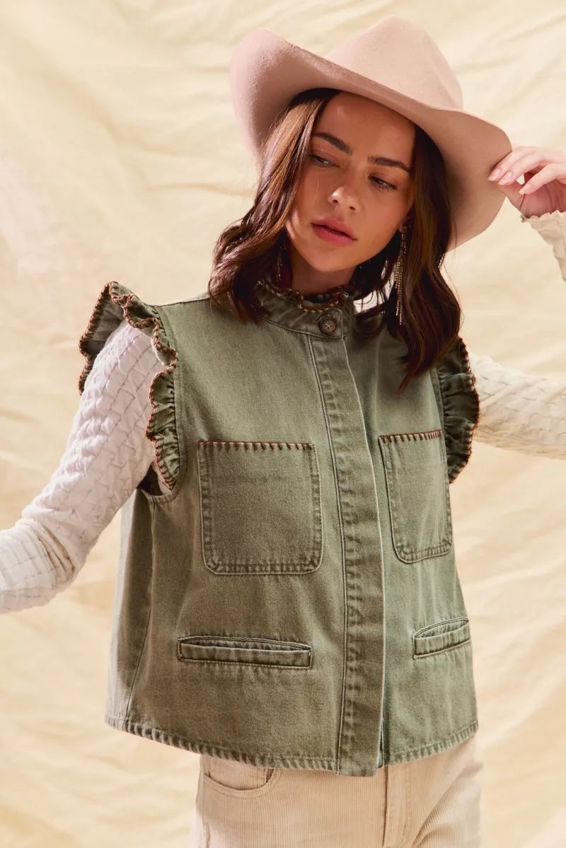 SO ME Washed Denim Stitch Ruffled Hidden Button Vest Top | Daverri Fashions