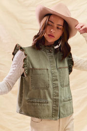 SO ME Washed Denim Stitch Ruffled Hidden Button Vest Top | Daverri Fashions