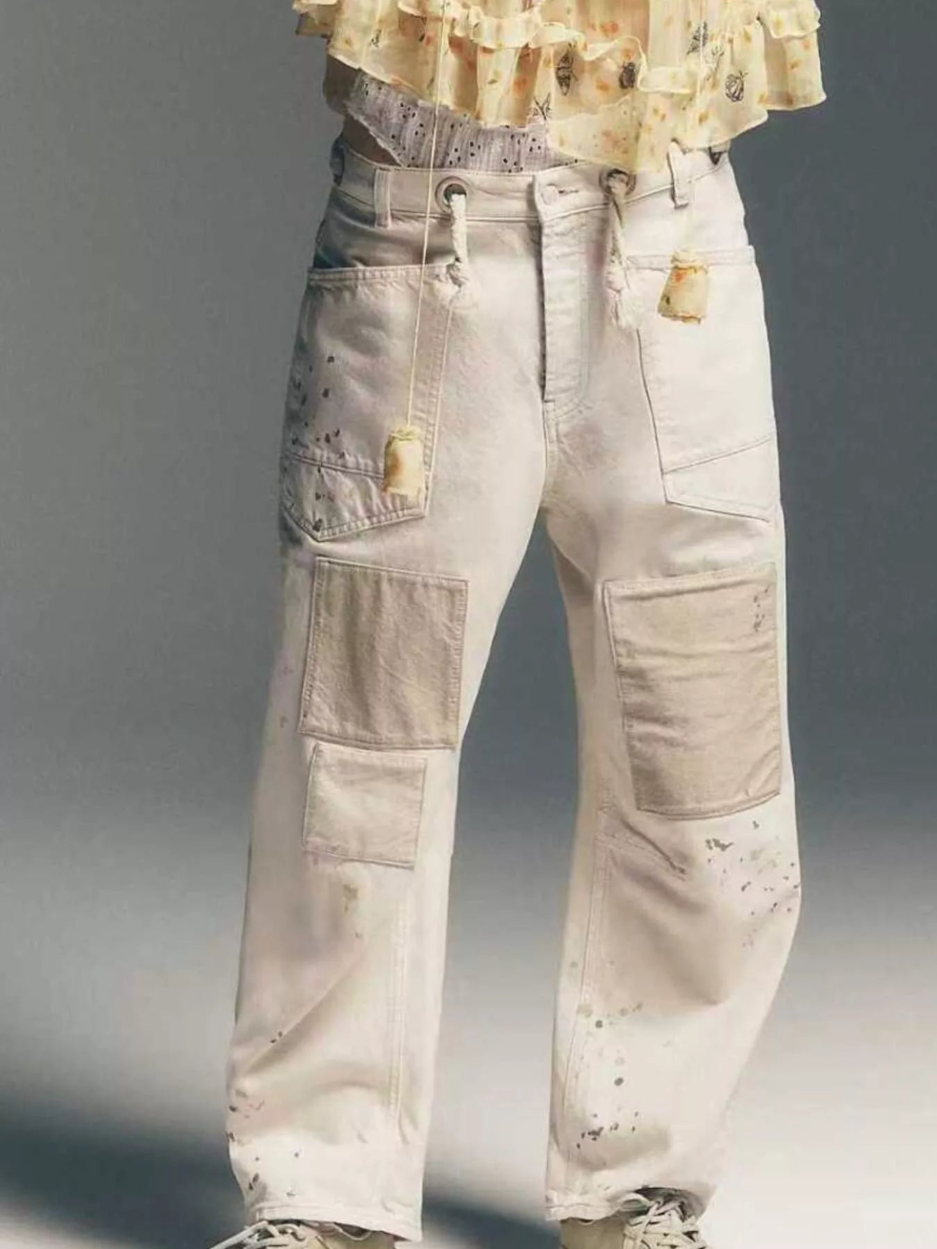 Daverri washed relaxed fit barrel jeans: off-white paint-splattered cargo pants