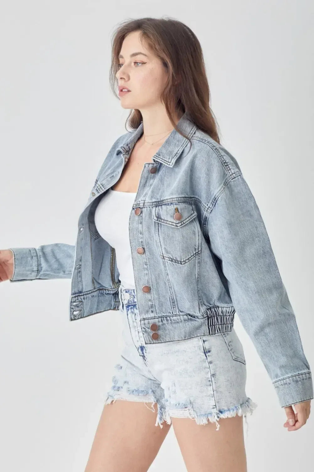 RISEN Full Size Button Down Cropped Denim Jacket - DAVERRI FASHIONS