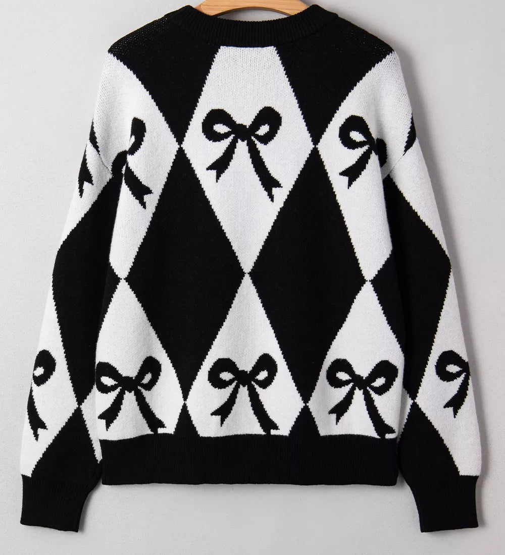 Bow Pattern Long Sleeve Contrast Sweater | Sweaters Daverri Fashions