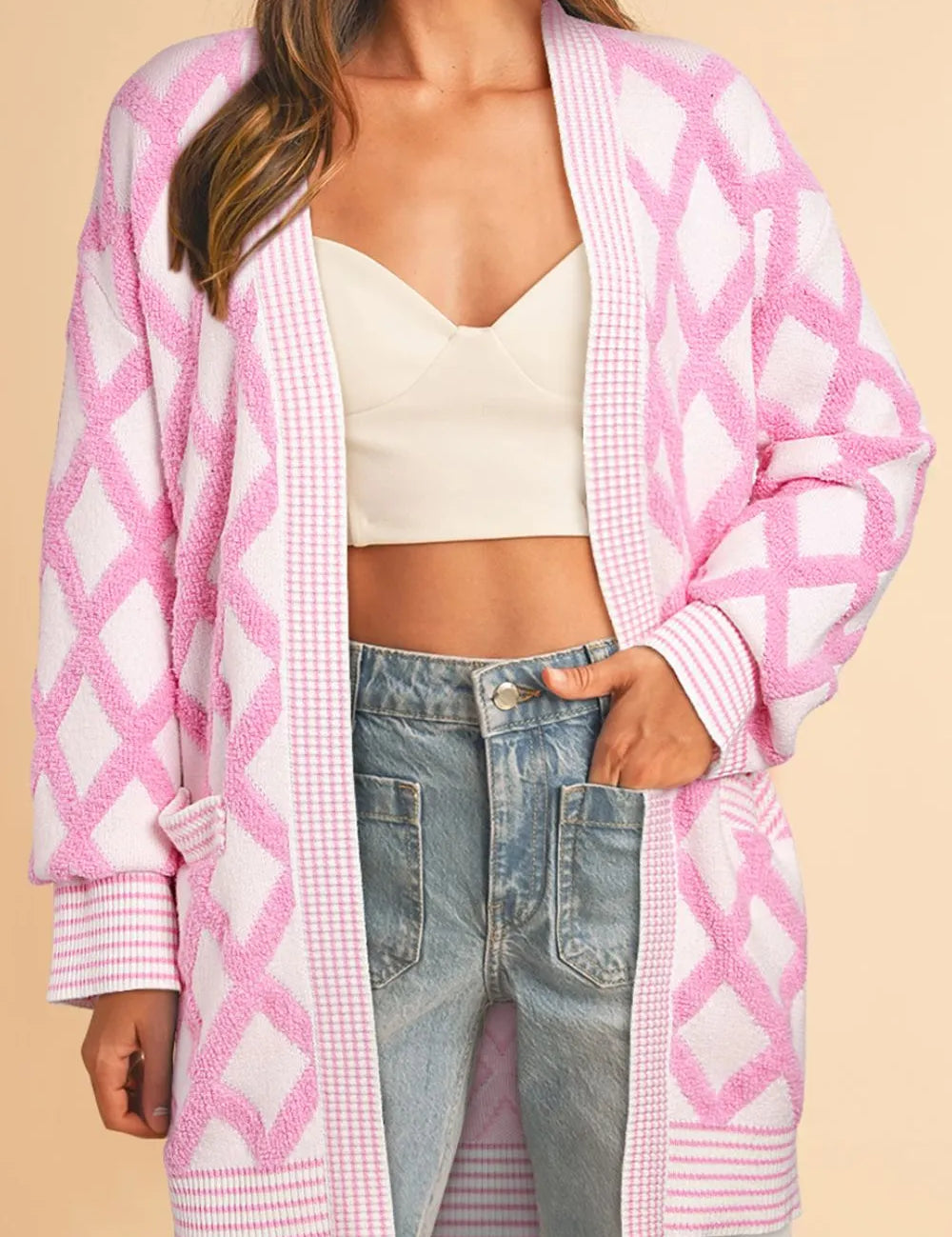 Blush Pink Geometric Open Front Long Sleeve Cardigan | Cardigans Daverri Fashions