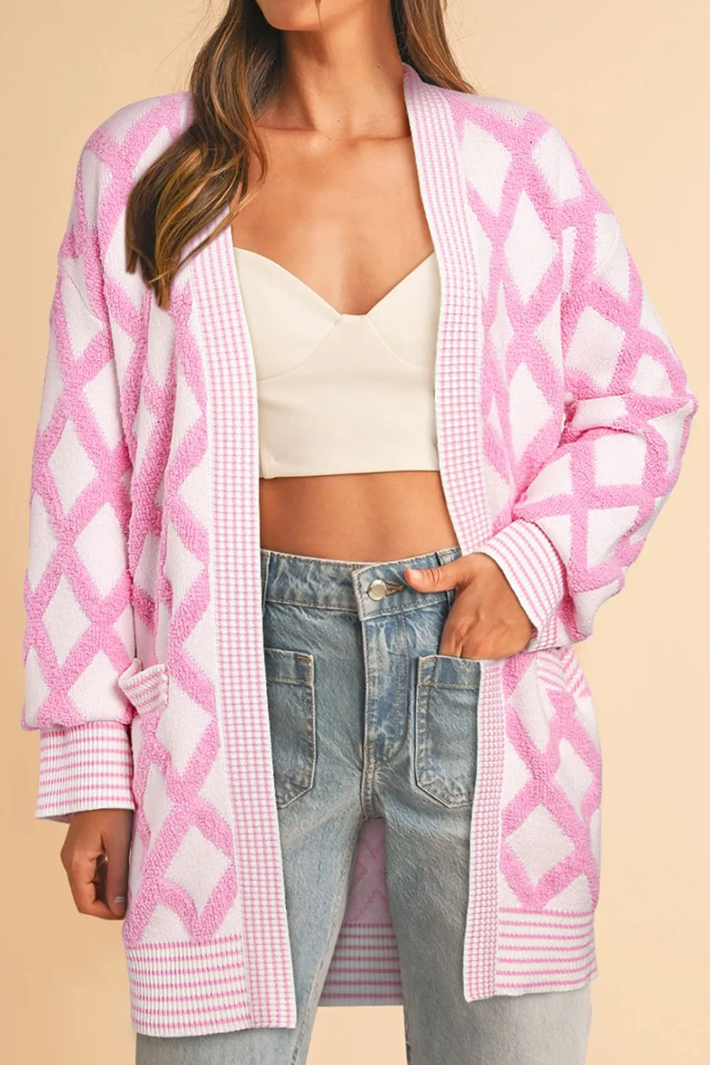 Blush Pink Geometric Open Front Long Sleeve Cardigan | Cardigans Daverri Fashions