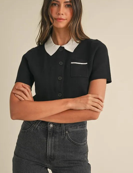 Black MABLE Button Down Contrast Collared Knit Cardigan | Daverri Fashions