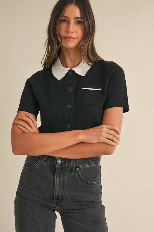 MABLE Button Down Contrast Collared Knit Cardigan Black
