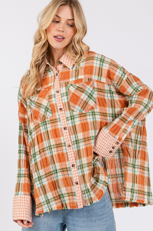 SAGE + FIG Side Slit Plaid Button Down Long Sleeve Shirt Shirts