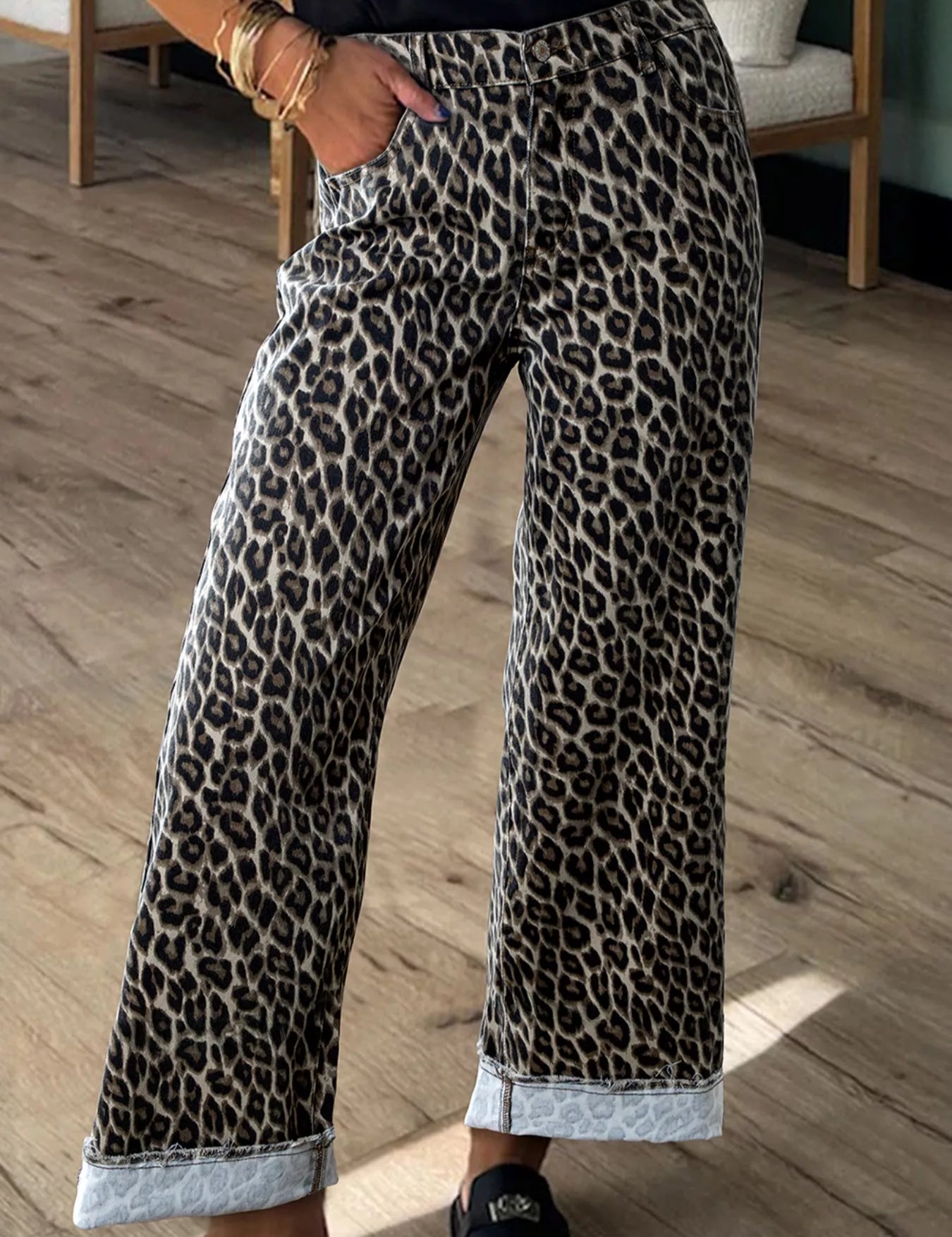 Leopard Leopard Straight Loose Leg Raw Hem Jeans | Jeans Daverri Fashions