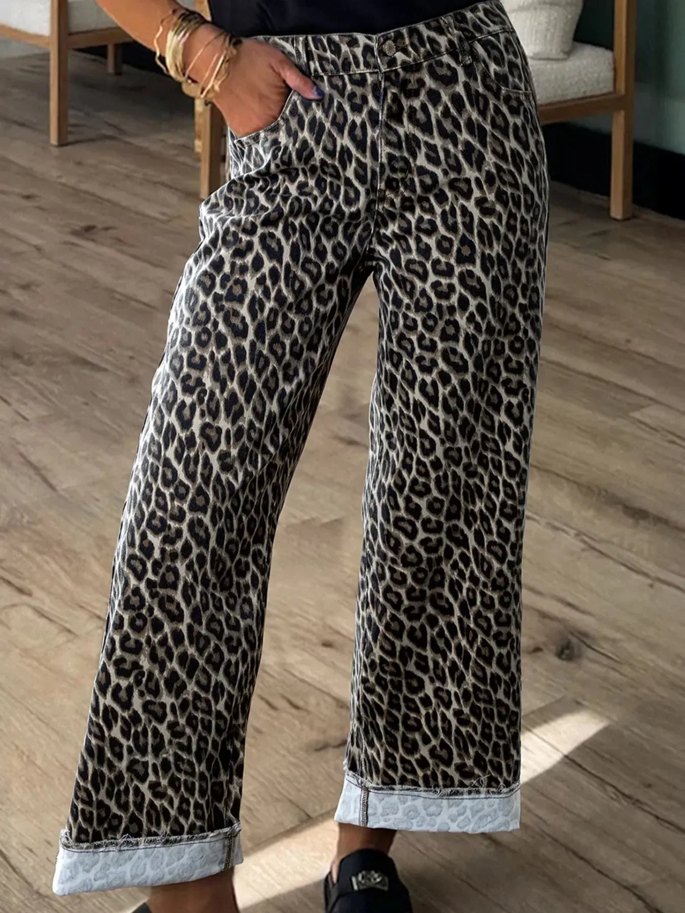Leopard Straight Loose Leg Raw Hem Jeans - DAVERRI FASHIONS