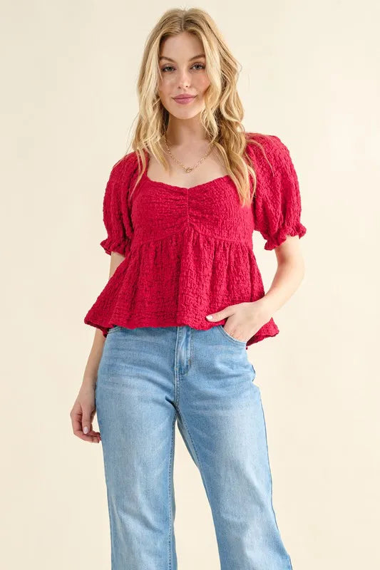 And The Why Lovely Textured and Smocked Top RED