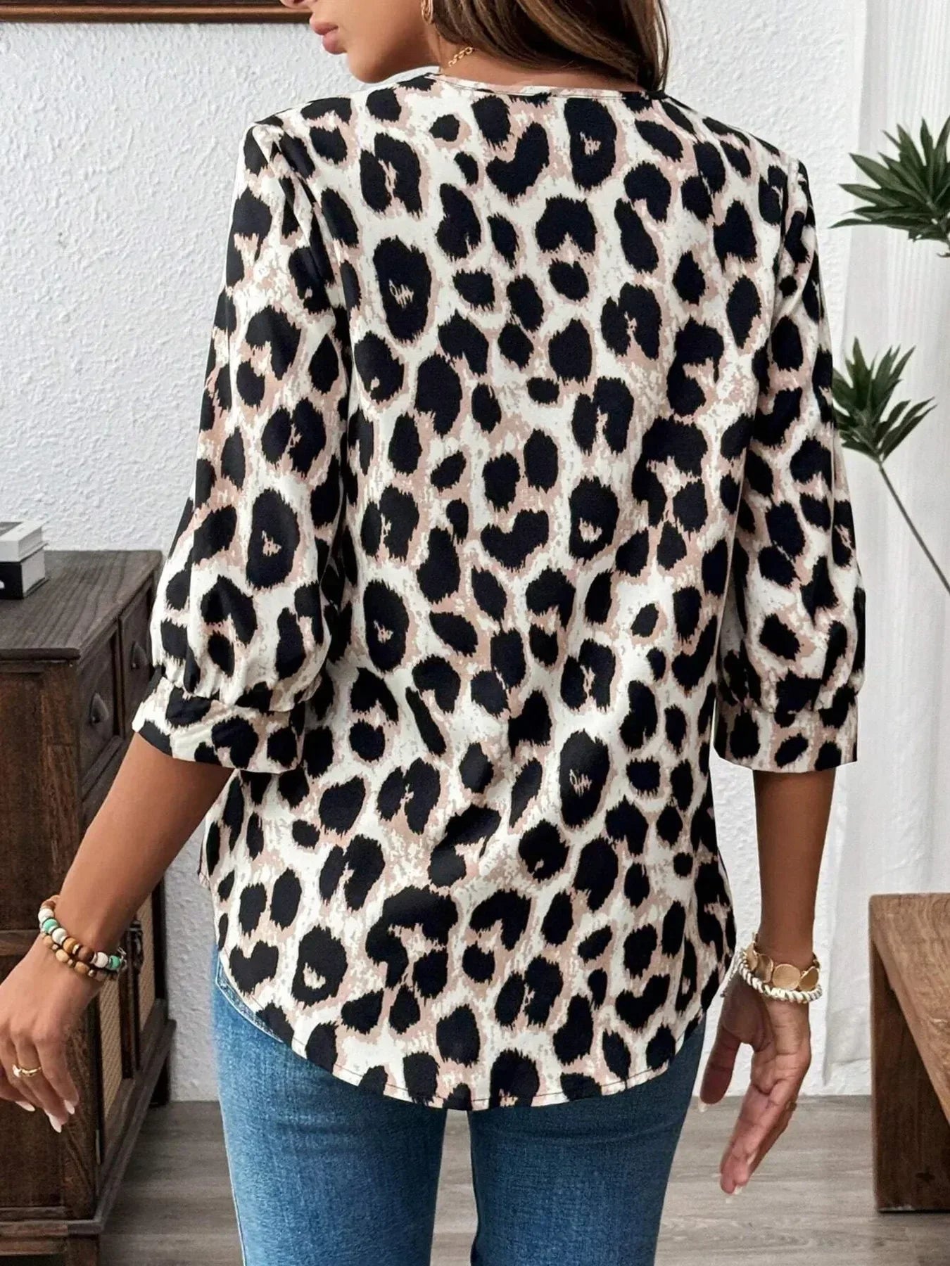 Leopard Print 3/4 Sleeve Blouse - DAVERRI FASHIONS