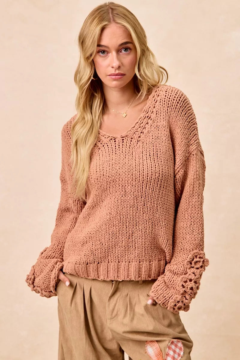 BiBi Chunky Knit Sweater with Flower Detail Sleeves | Sweaters Daverri Fashions