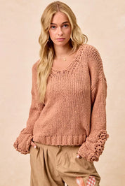 BiBi Chunky Knit Sweater with Flower Detail Sleeves | Sweaters Daverri Fashions
