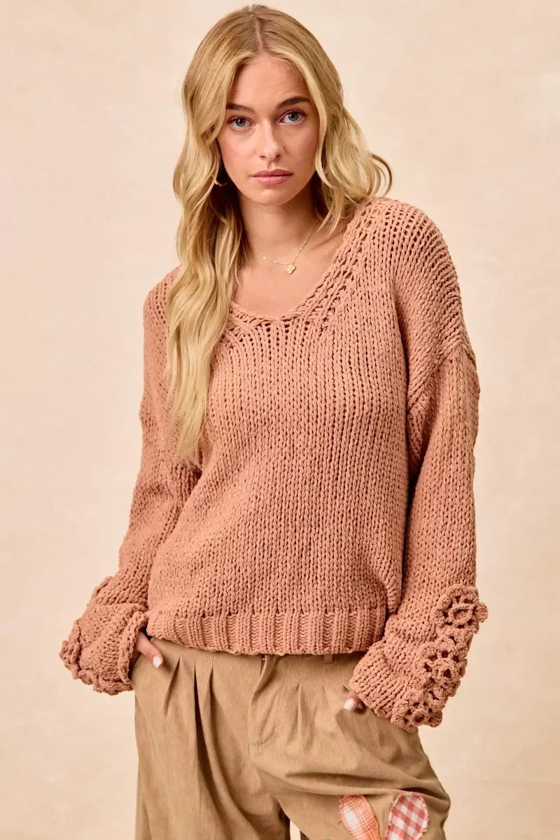 BiBi Chunky Knit Sweater with Flower Detail Sleeves - DAVERRI FASHIONS