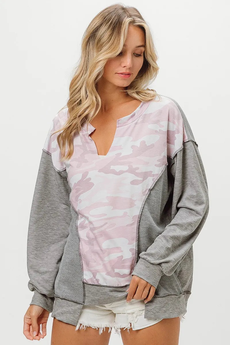 BiBi Heather Grey Camo Printed Color Block Sweatshirt
