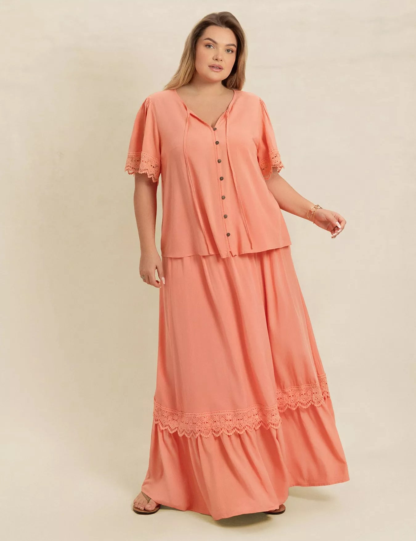 Coral Plus Size Lace Detail Tie Neck Top and Skirt Set | Outfit Sets Daverri Fashions