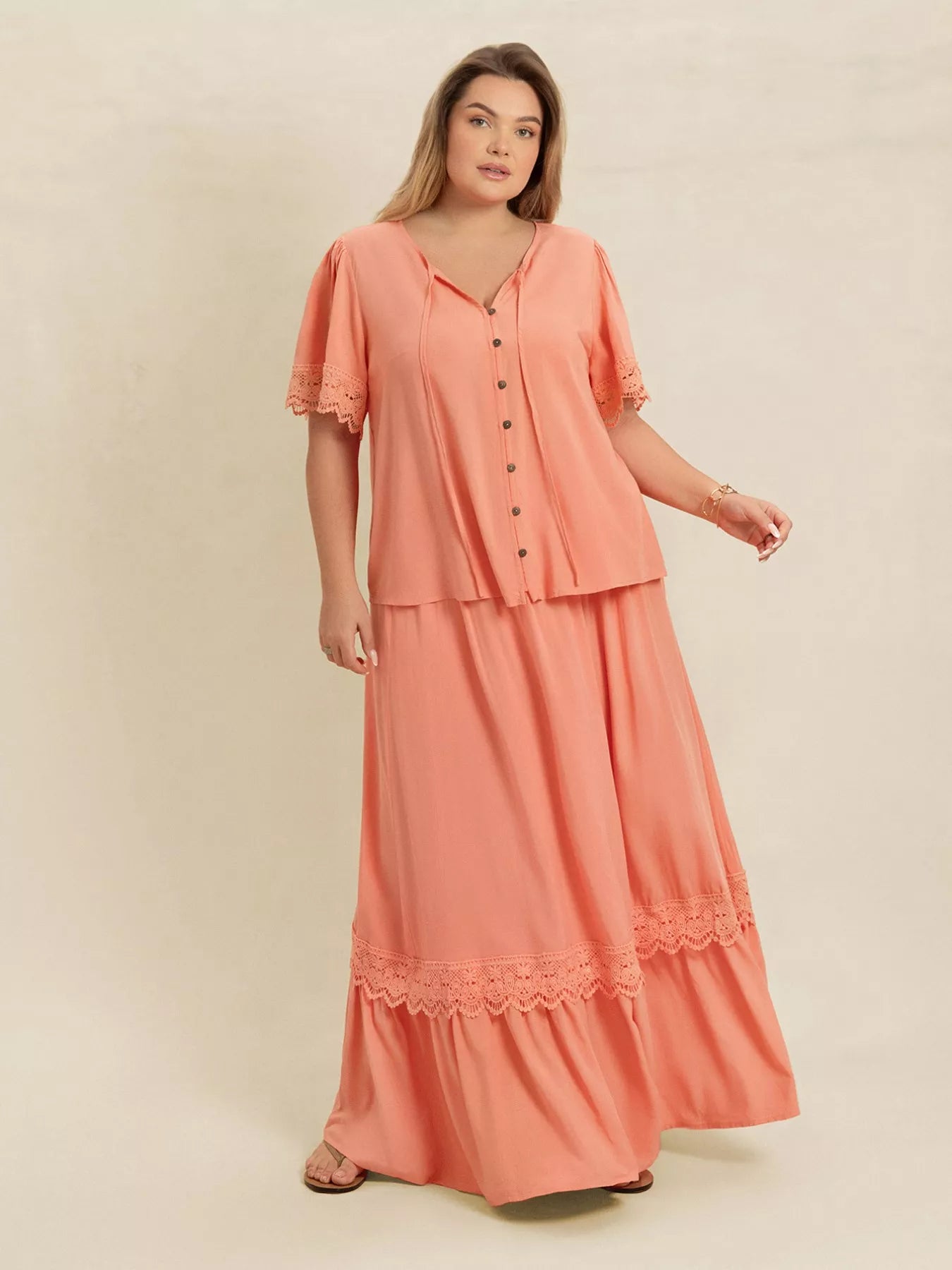 Coral Plus Size Lace Detail Tie Neck Top and Skirt Set | Outfit Sets Daverri Fashions