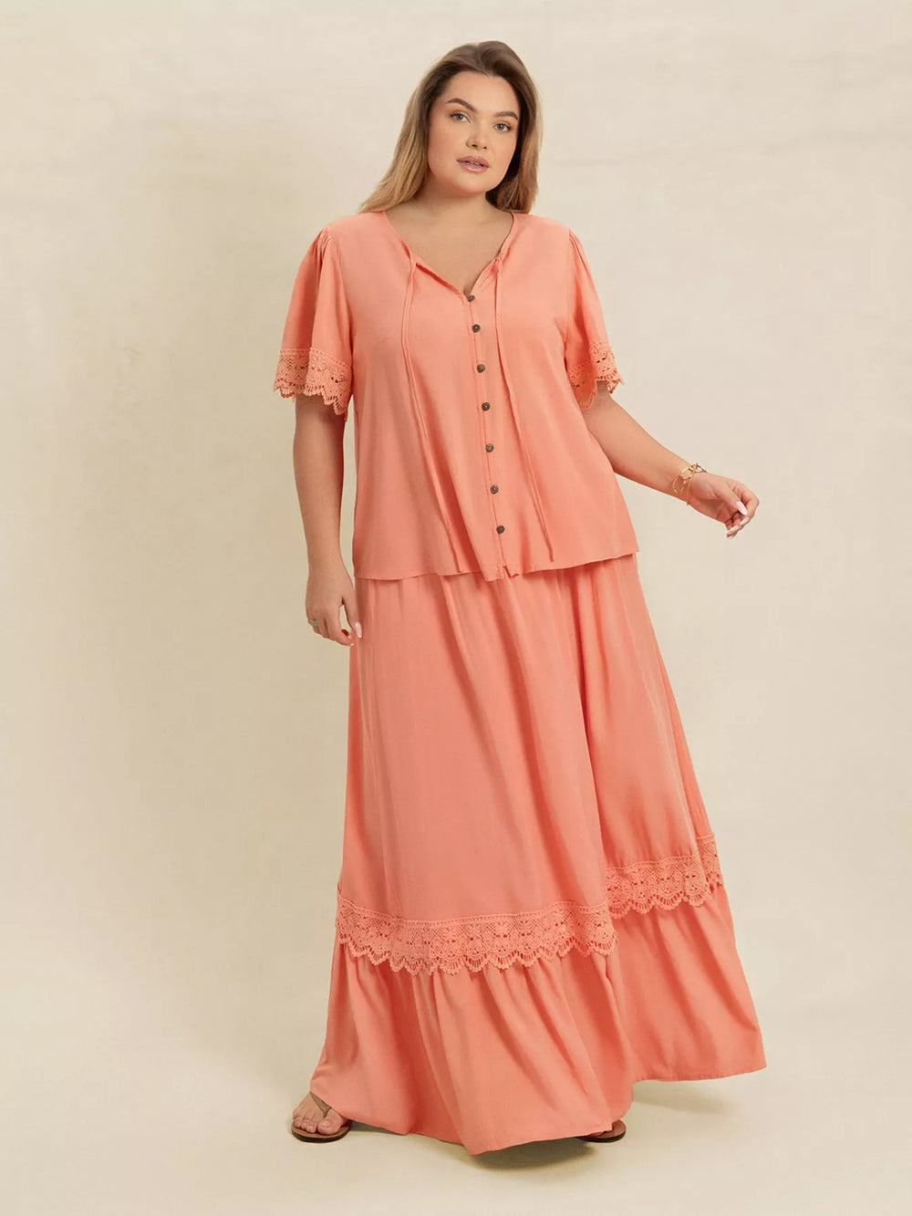 Coral Plus Size Lace Detail Tie Neck Top and Skirt Set | Outfit Sets Daverri Fashions