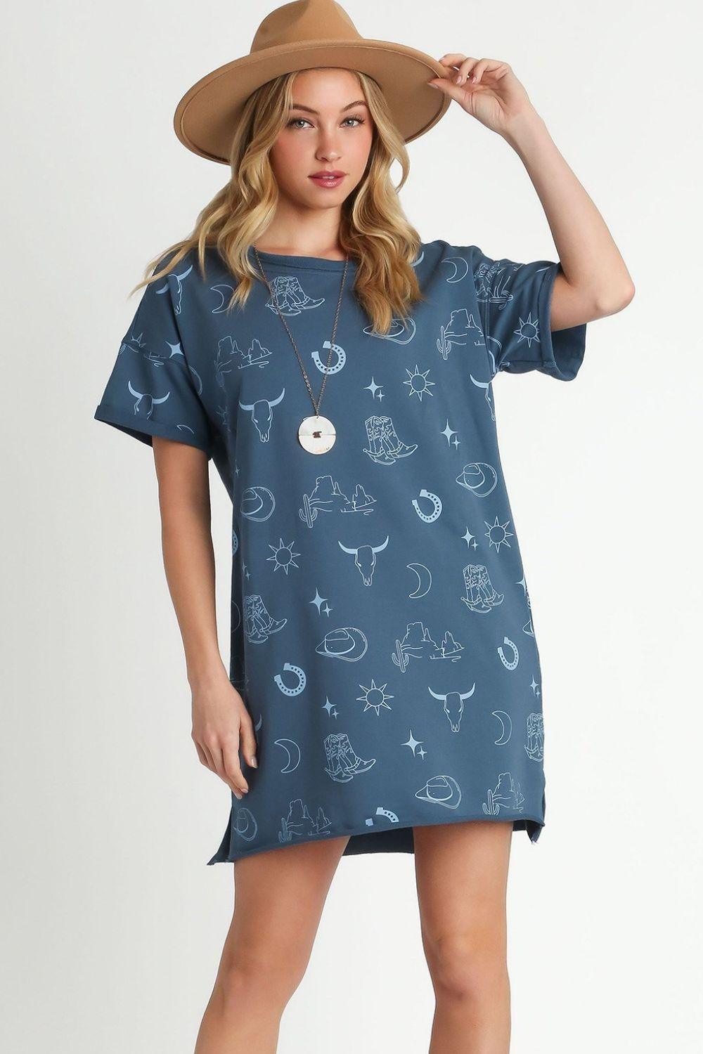 Umgee Full Size French Terry Short Sleeve Round Neck Dress Peacock Blue Mini Dresses
