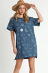 Umgee Full Size French Terry Short Sleeve Round Neck Dress Peacock Blue Mini Dresses