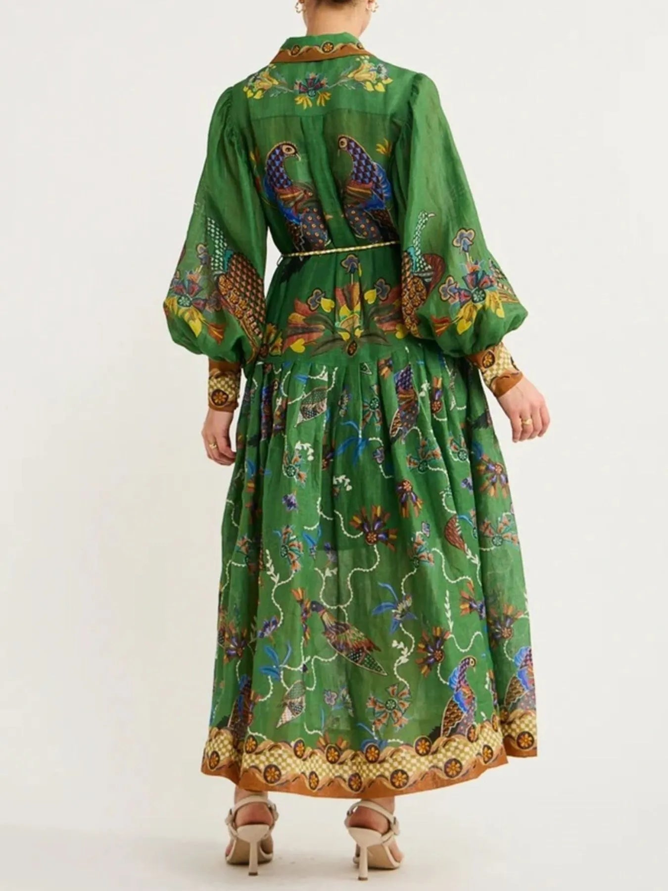 Green peacock print silk Daverri Fashions maxi shirt dress with gold accents