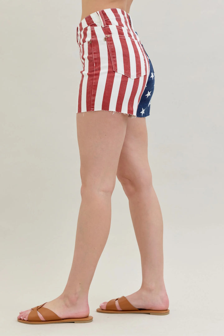 Judy Blue Full Size High Waist Americana Flag Fray Hem Shorts Plus Size Denim Shorts