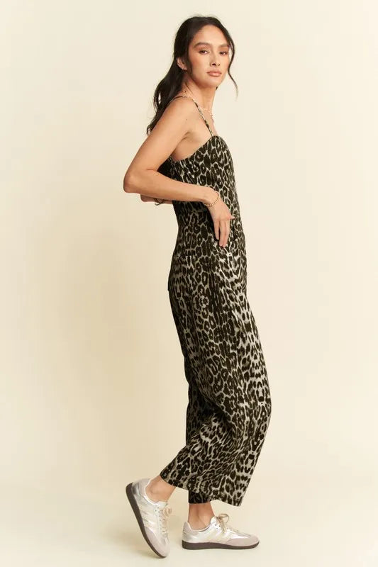 Davi & Dani Leopard Spaghetti Straps Wide Leg Jumpsuit Jumpsuits