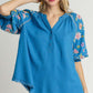 Umgee Full Size Half Button Top with Embroidery Sleeves Cerulean Tops