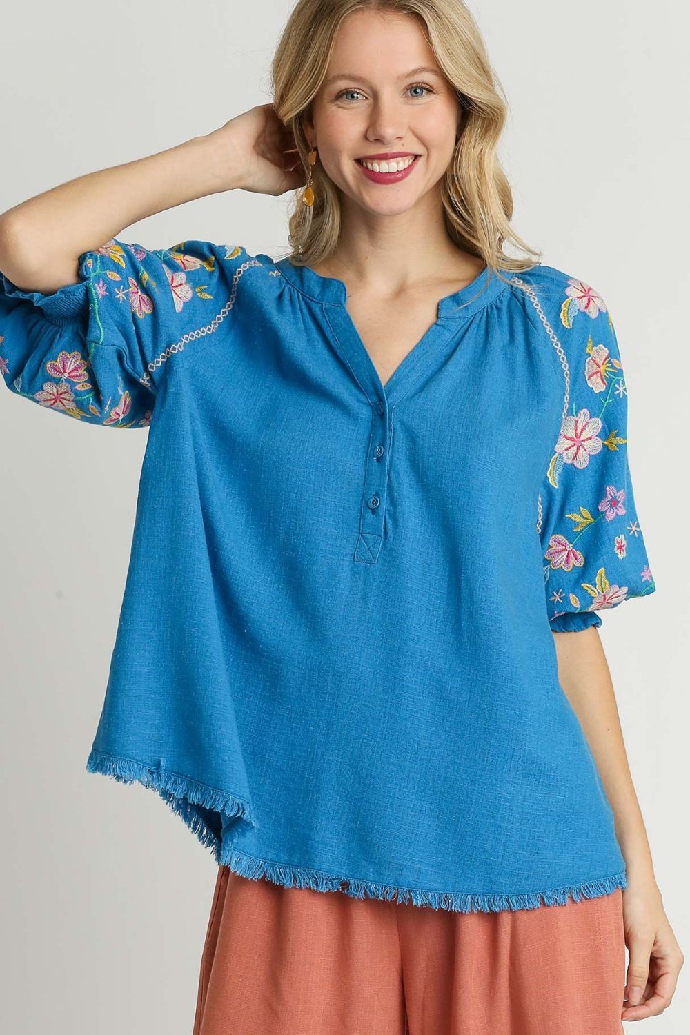 Umgee Full Size Half Button Top with Embroidery Sleeves Cerulean Tops