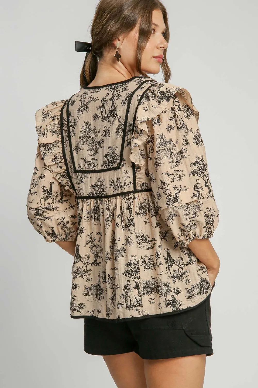 Umgee Ruffled Tie Neck Puff Sleeve Babydoll Blouse | Blouses Daverri Fashions