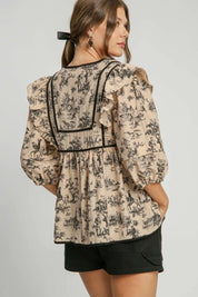Umgee Ruffled Tie Neck Puff Sleeve Babydoll Blouse | Blouses Daverri Fashions