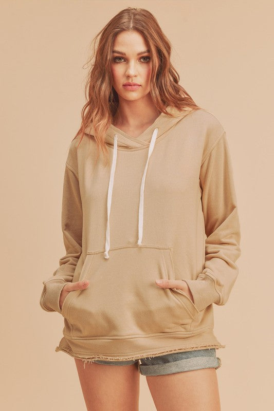 Aemi + Co Raw Hem Kangaroo Pocketed Drawstring Hoodie Oatmeal