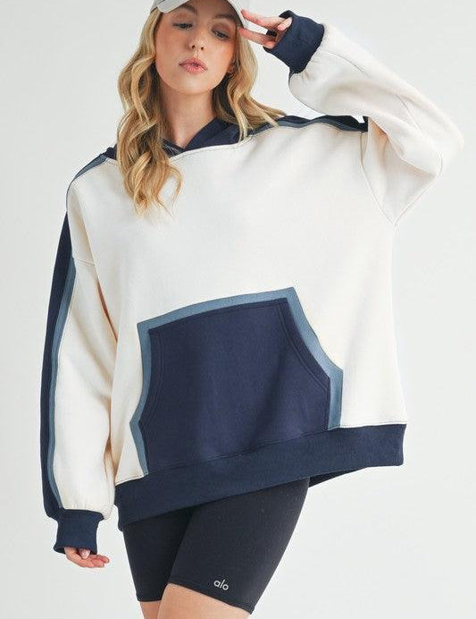 Dark Navy M Aemi + Co Color Block Kangaroo Pocketed Hoodie | Hoodies Daverri Fashions