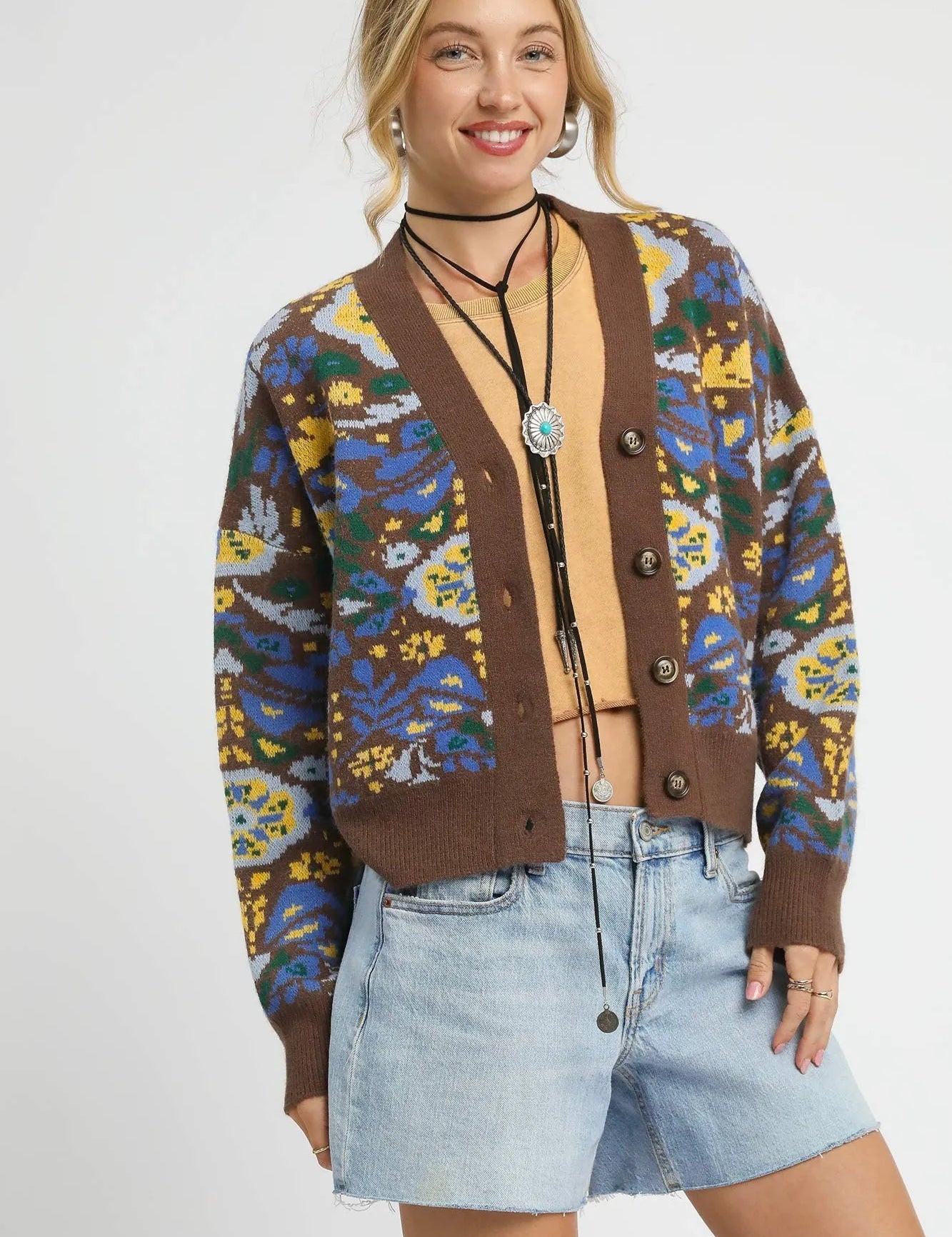 Brown Umgee Floral Knit Button-Up Cardigan | Cardigans Daverri Fashions