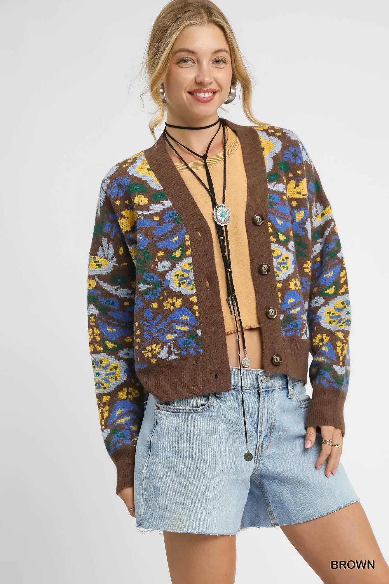 Umgee Floral Knit Button-Up Cardigan Brown Cardigans