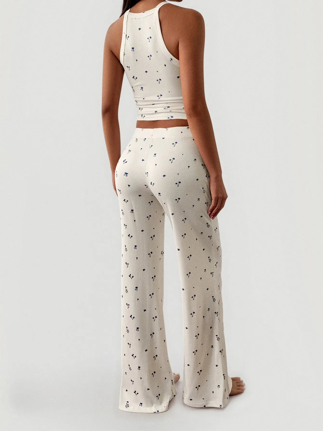 Floral Ribbed Cami and Wide Leg Pants Set | Loungewear Sets Daverri Fashions