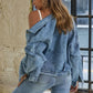 Button Down Drop Shoulder Denim Jacket - DAVERRI FASHIONS