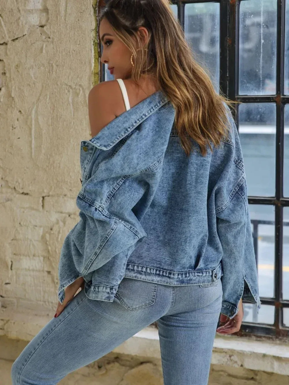 Button Down Drop Shoulder Denim Jacket - DAVERRI FASHIONS