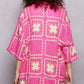 Vibrant pink POL crochet shirt with cream floral motifs and granny square patchwork