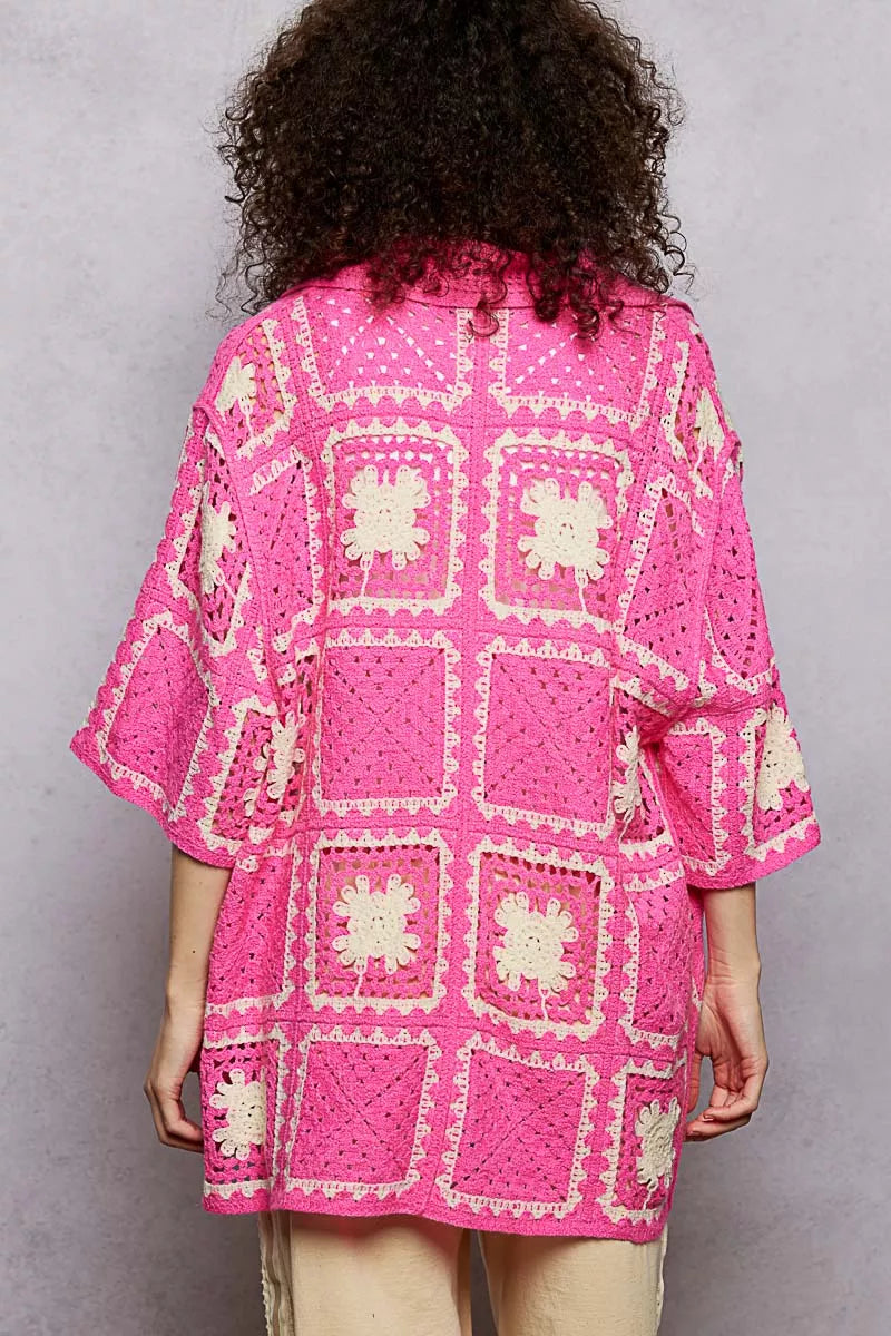 Vibrant pink POL crochet shirt with cream floral motifs and granny square patchwork