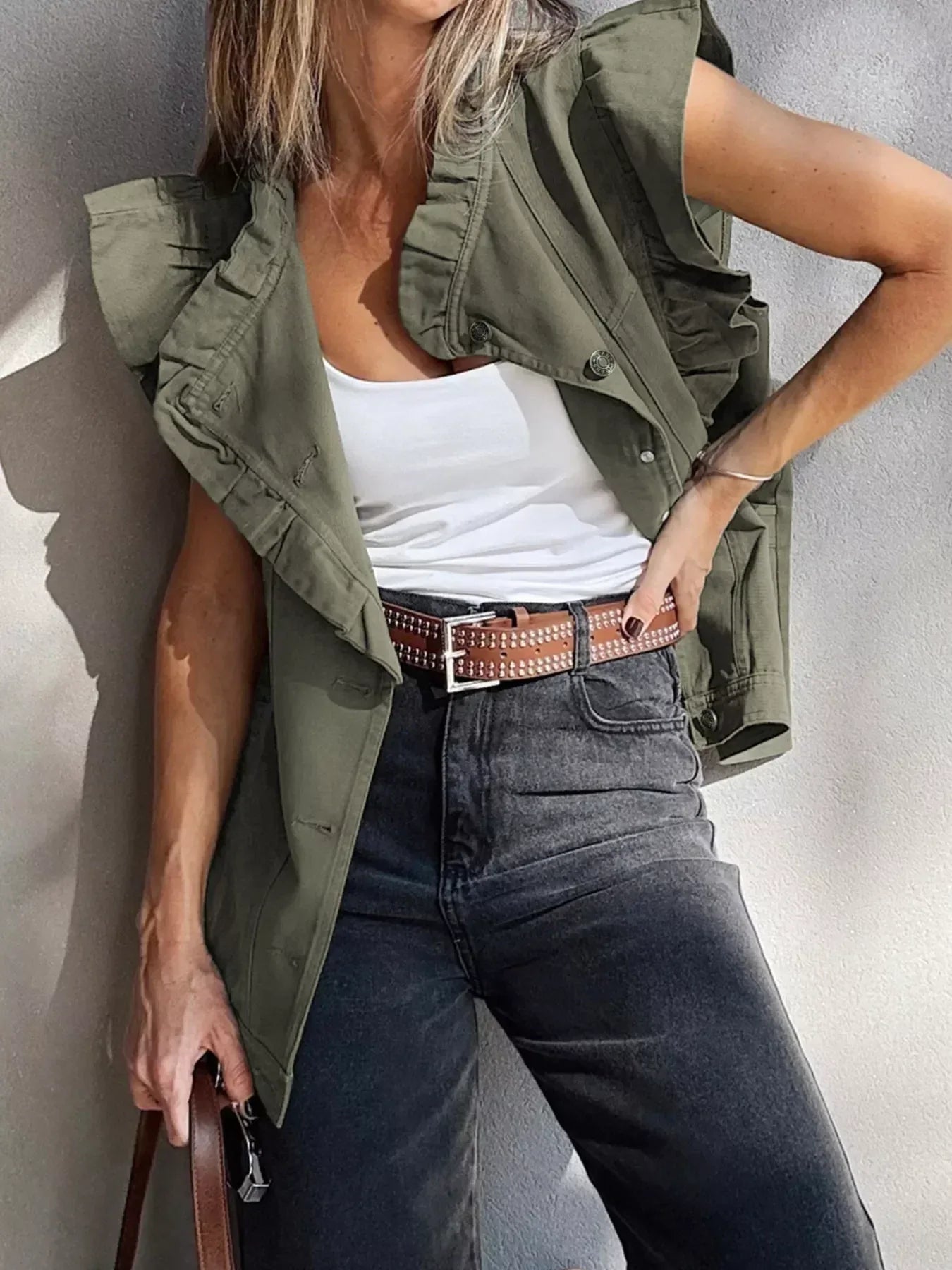 Ruffled Patchwork Denim Jacket Vest - DAVERRI FASHIONS