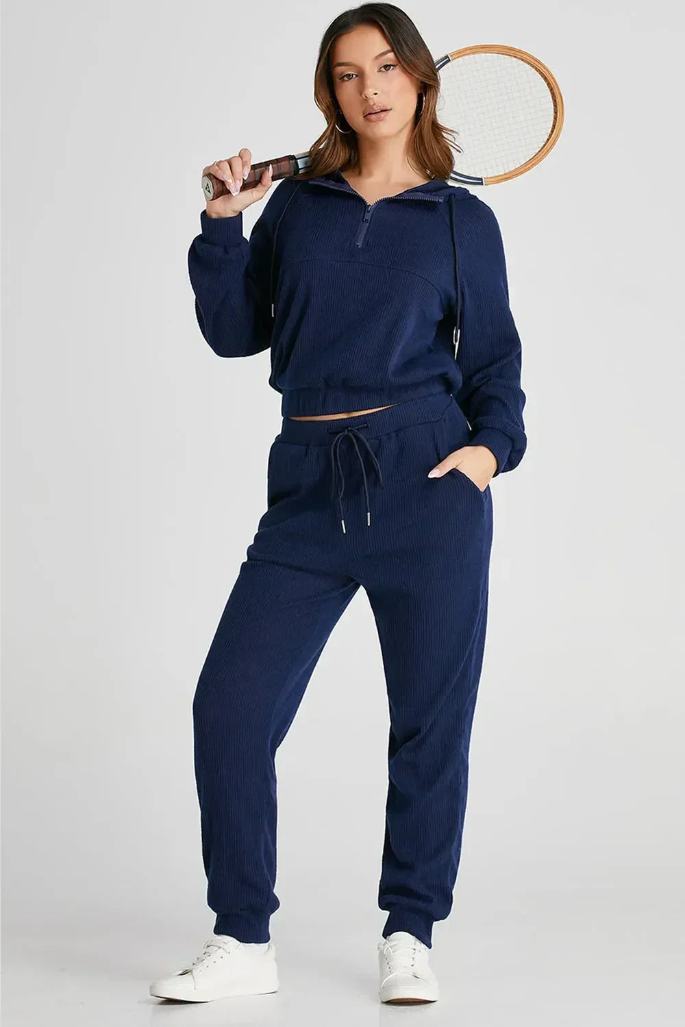 Drawstring Half Zip Hoodie and Joggers Active Set - DAVERRI FASHIONS